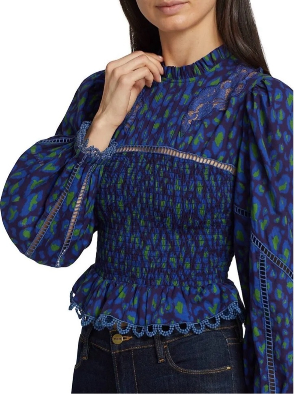 Farm Rio Leopard Pop Smocked Peplum Blouse Long Puff Sleeve Boho Top Size Medium - Picture 5 of 16